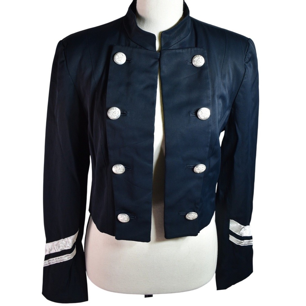 DKNY Donna Karan New York Navy Blue Military Cropped Jacket Silver Buttons 10